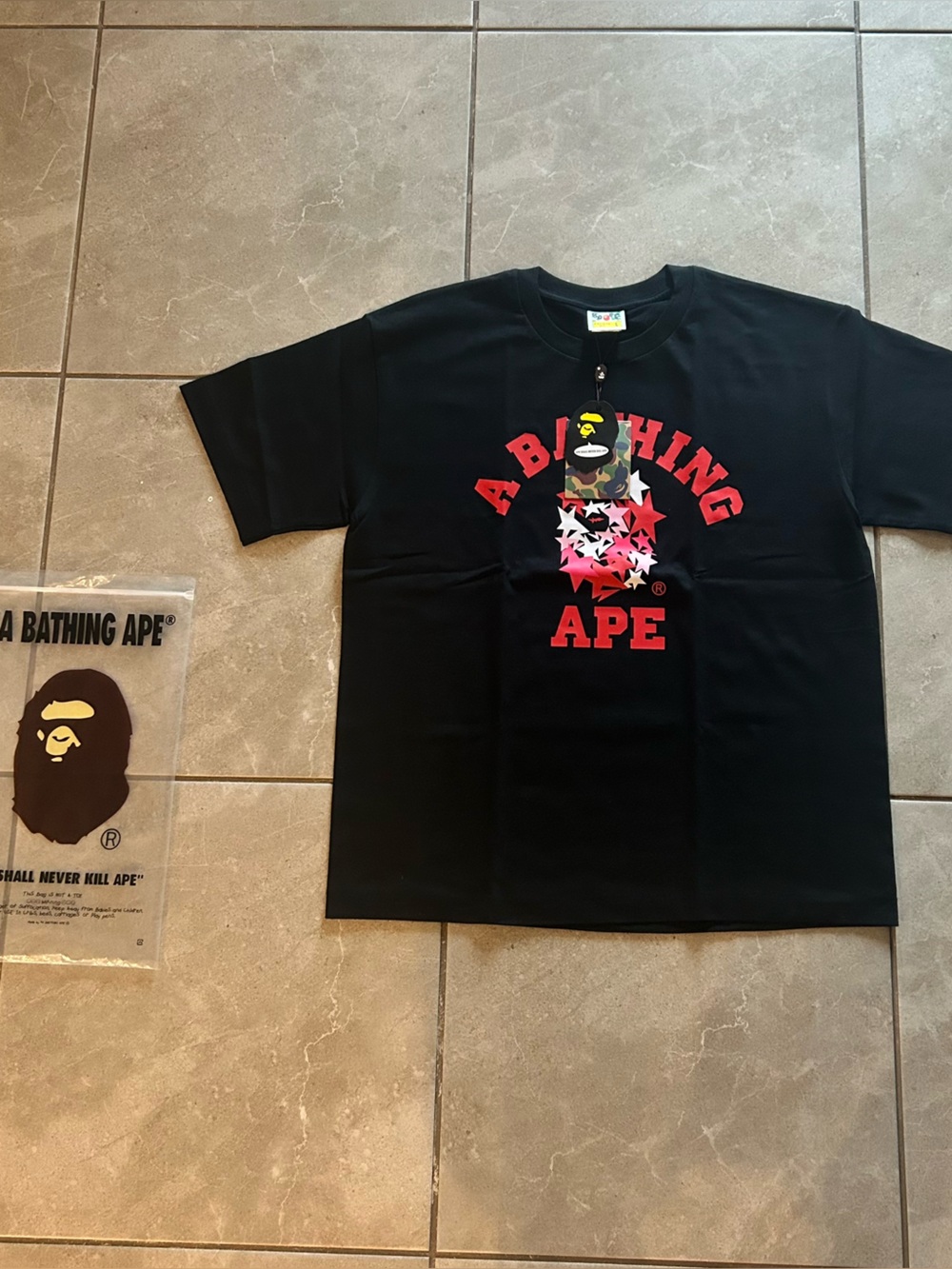 Bape Men’s  Black Tee with Red Logo and Multicolor Stars